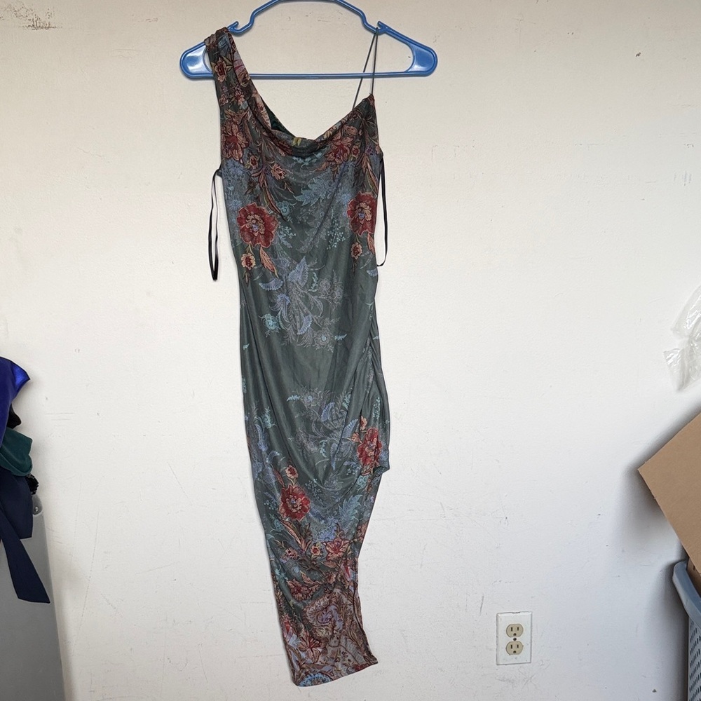 Windsor One-Shoulder Dress in Green and Red Floral